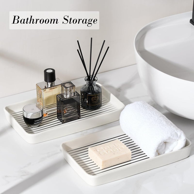 Pottify Bathroom Vanity Tray for Countertop,2PC Rectangle Striped Tray,Decorative Bathroom Organizer for Scrubber, Lotion Bottles, Perfume, Jewelry, Candle, Key Trinket Ring(Large,White) - Image 4